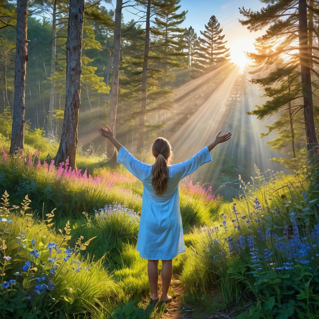 A serene landscape depicting a person with arms outstretched, embracing the sunrise, symbolizing hope and new beginnings. In the foreground, vibrant wildflowers bloom, representing holistic health and natural healing. Soft, gentle rays of light filter through a lush forest, emphasizing tranquility and resilience. The background showcases a clear blue sky, evoking a sense of freedom. painting. vibrant colors. harmonious composition.