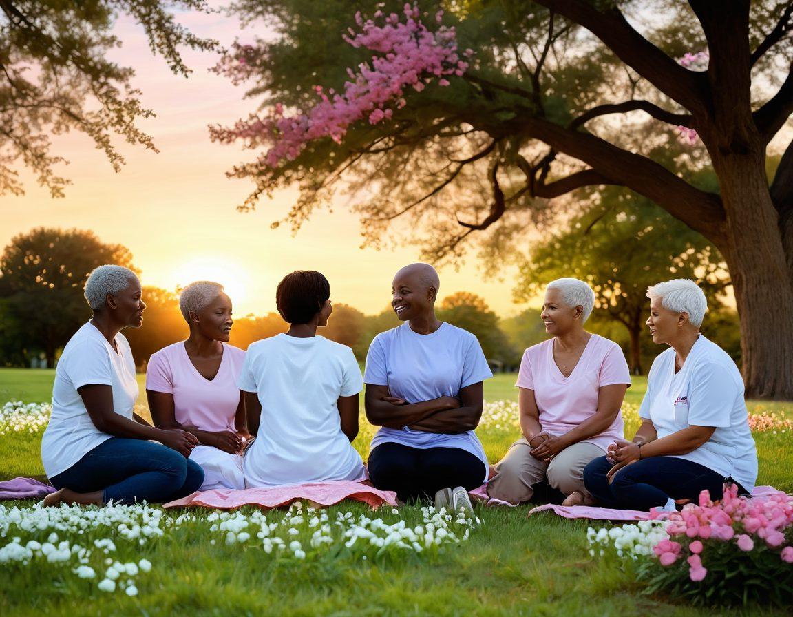 A comforting and hopeful scene depicting a diverse group of individuals at different stages of their cancer journey, from early detection to survivorship, in a serene park setting. Include symbolic elements like blooming flowers representing growth and resilience, ribbons as signs of awareness, and a sunset in the background symbolizing hope and new beginnings. The atmosphere should evoke warmth, support, and positivity. vibrant colors. warm tones. painting.